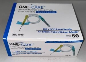 One-Care 23g x 3/4” x 12” Safety Blood Collection Winged Sets Glide & Lock 50/BX